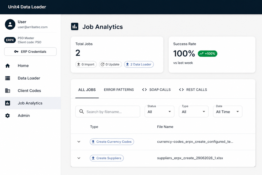 Arribatec Data Loader gjør det enkelt å laste inn, oppdatere og administrere data i Unit4 ERP. Med støtte for både Unit4 CR og ERPx får du én løsning for sikre og kontrollerte masseoppdateringer, direkte fra Excel.