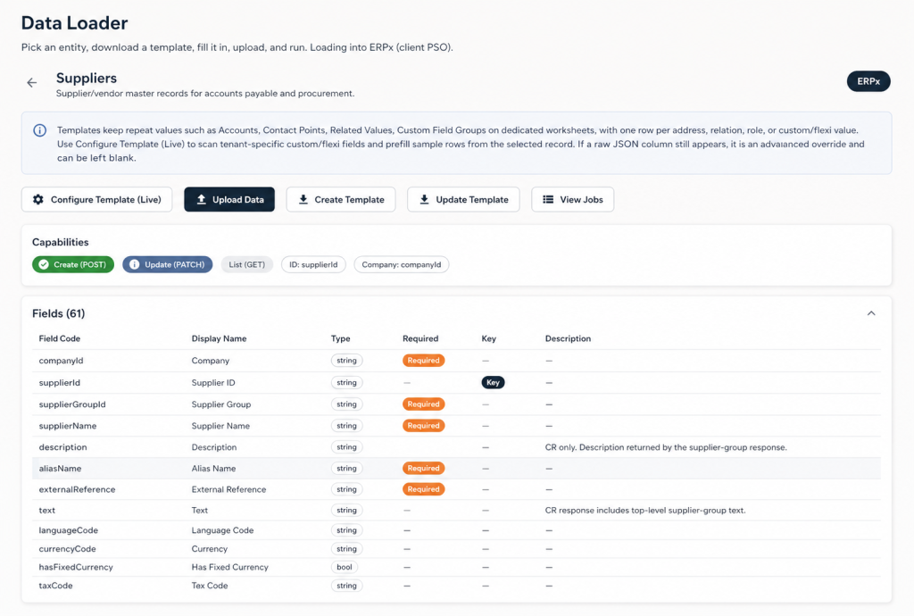 Arribatec Data Loader gjør det enkelt å laste inn, oppdatere og administrere data i Unit4 ERP. Med støtte for både Unit4 CR og ERPx får du én løsning for sikre og kontrollerte masseoppdateringer, direkte fra Excel.